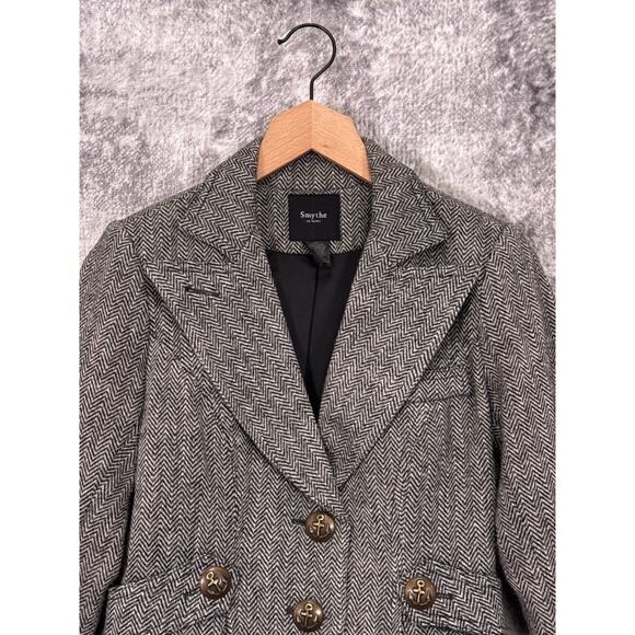 Smythe Tweed Blazer 4 Womens Gray Wool Herringbone Leather Elbow Patch Jacket - Picture 2 of 7